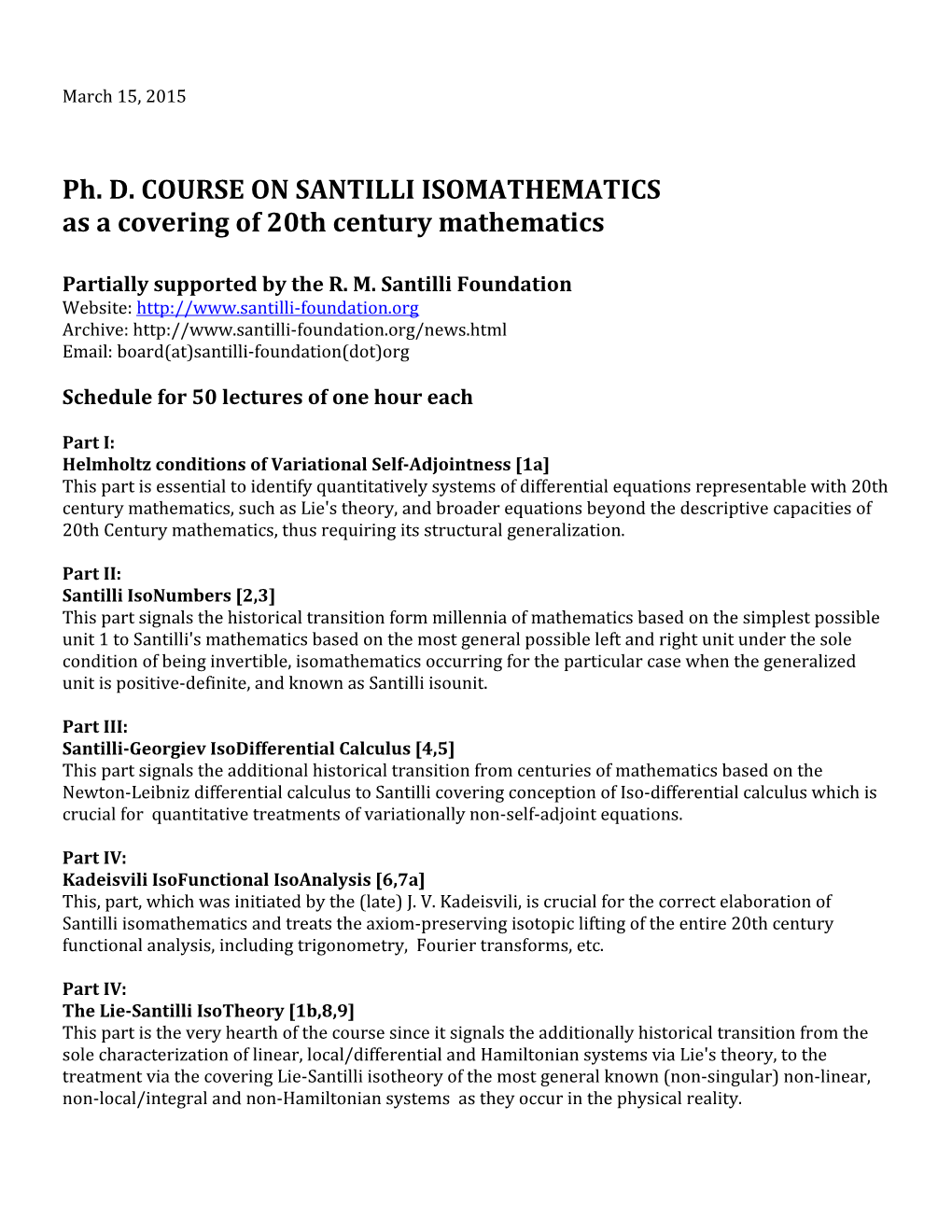 Ph. D. COURSE on SANTILLI ISOMATHEMATICS