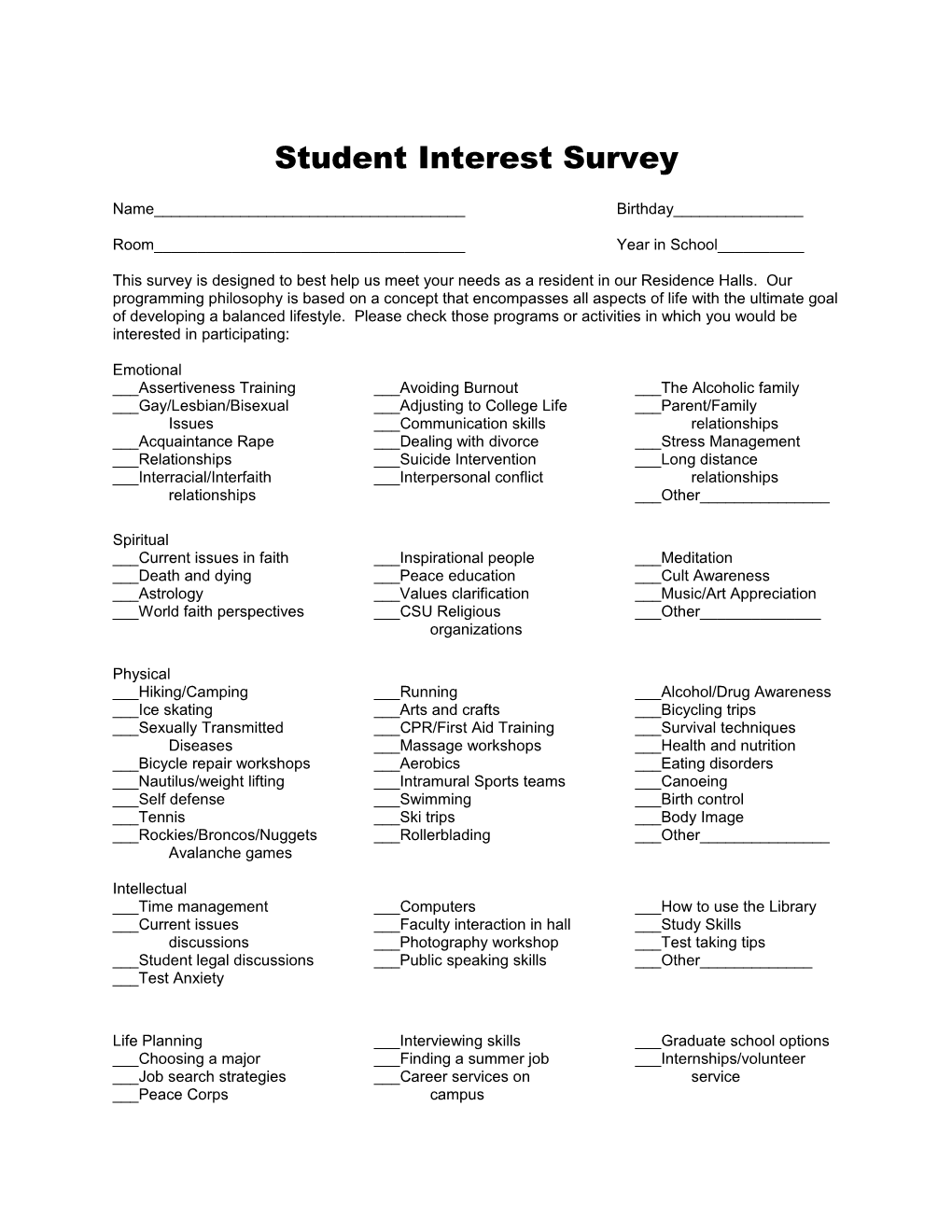 Student Interest Survey