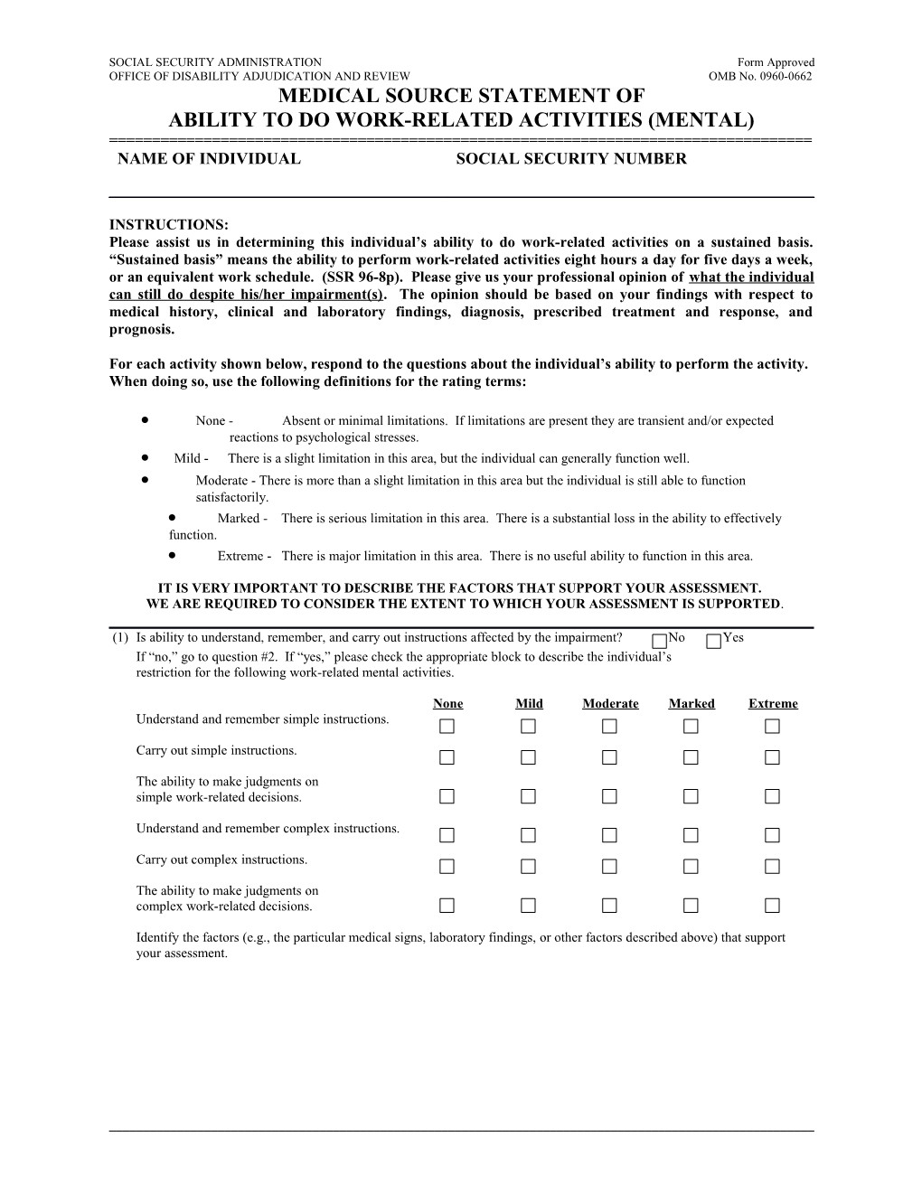 SOCIAL SECURITY ADMINISTRATION Form Approved