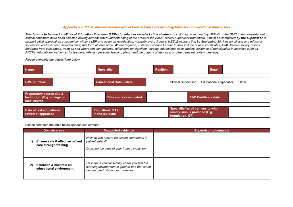 Appendix 5 Heeoe Approval/Re-Approval of Clinical Educators Including Clinical and Educational