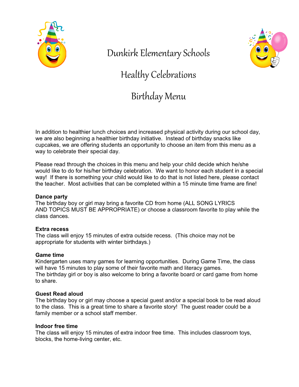 Rosa Parks EDISON Kindergarten Birthday Menu
