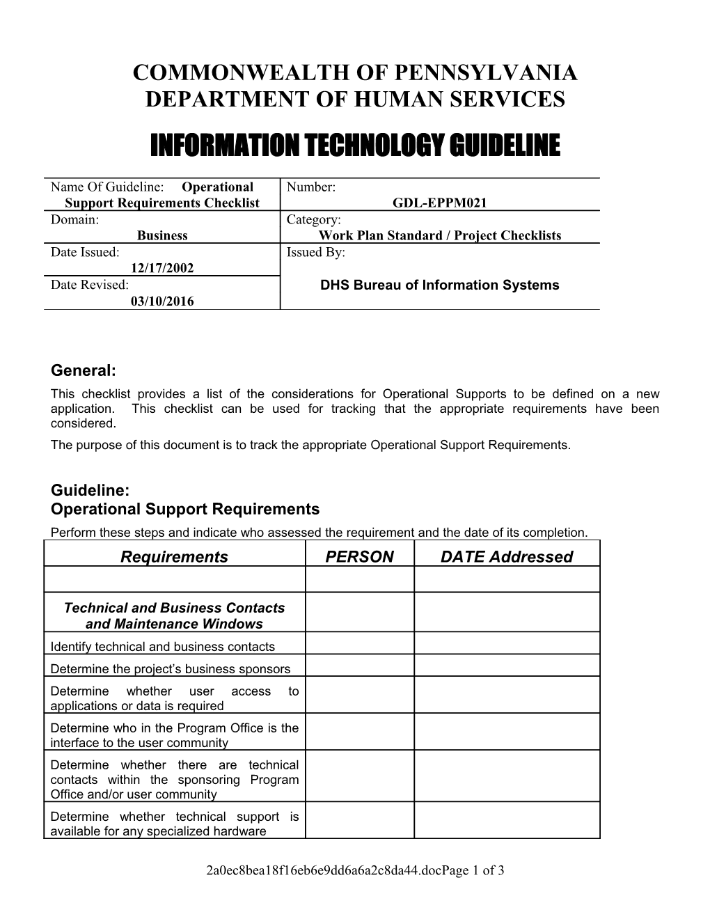 Operational Support Requirements Checklist