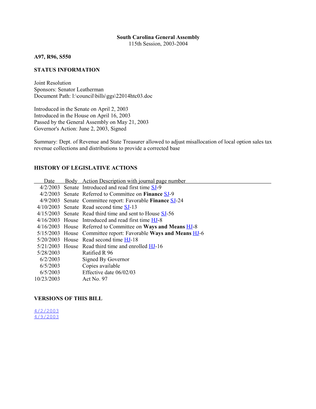 2003-2004 Bill 550: Dept. of Revenue and State Treasurer Allowed to Adjust Misallocation