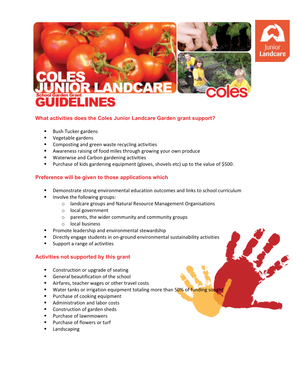 What Activities Does the Coles Junior Landcare Garden Grant Support?