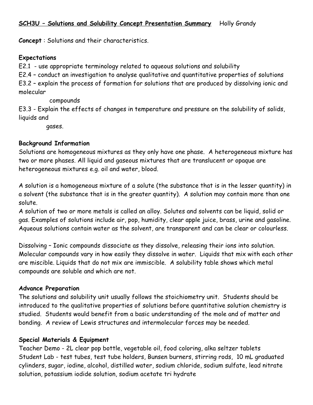 SCH3U Solutions and Solubility Concept Presentation Summary Holly Grandy