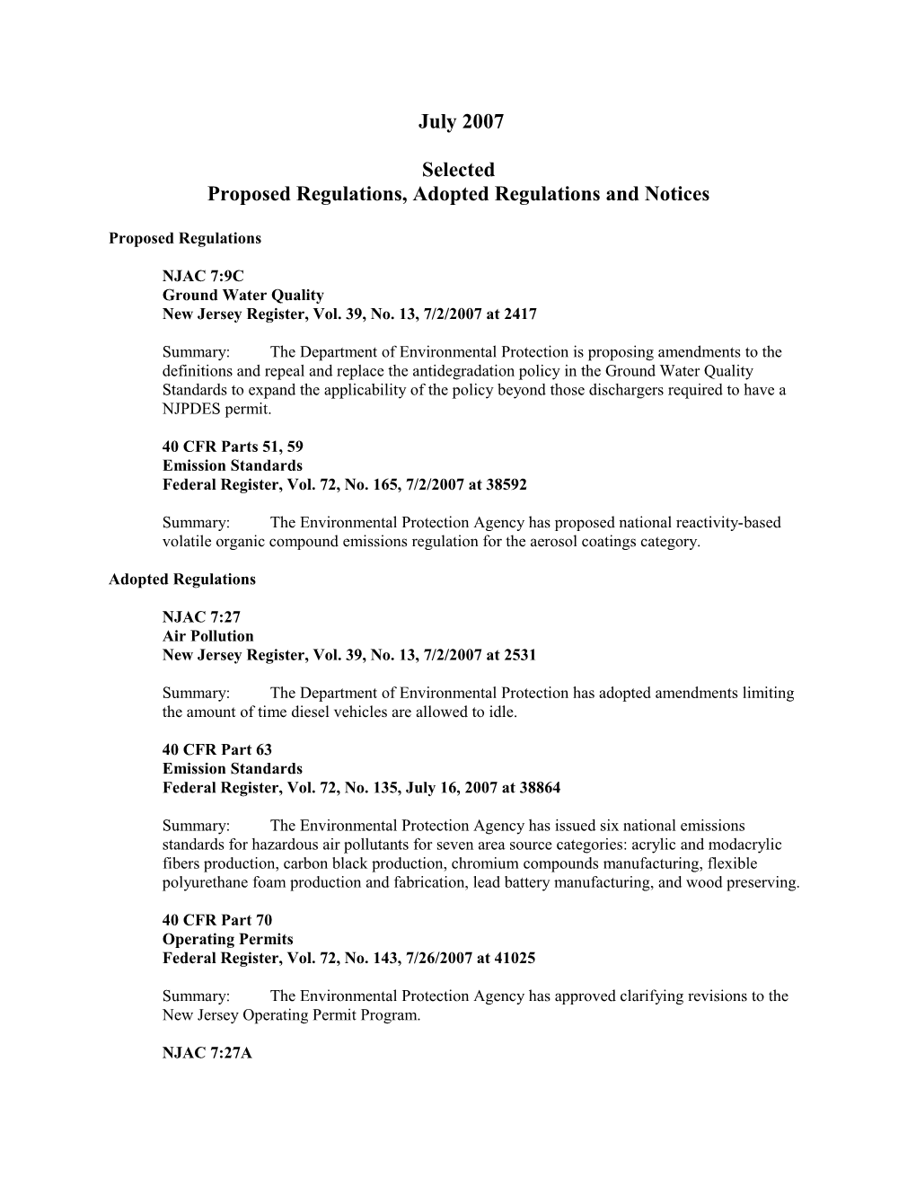 Proposed Regulations, Adopted Regulations and Notices