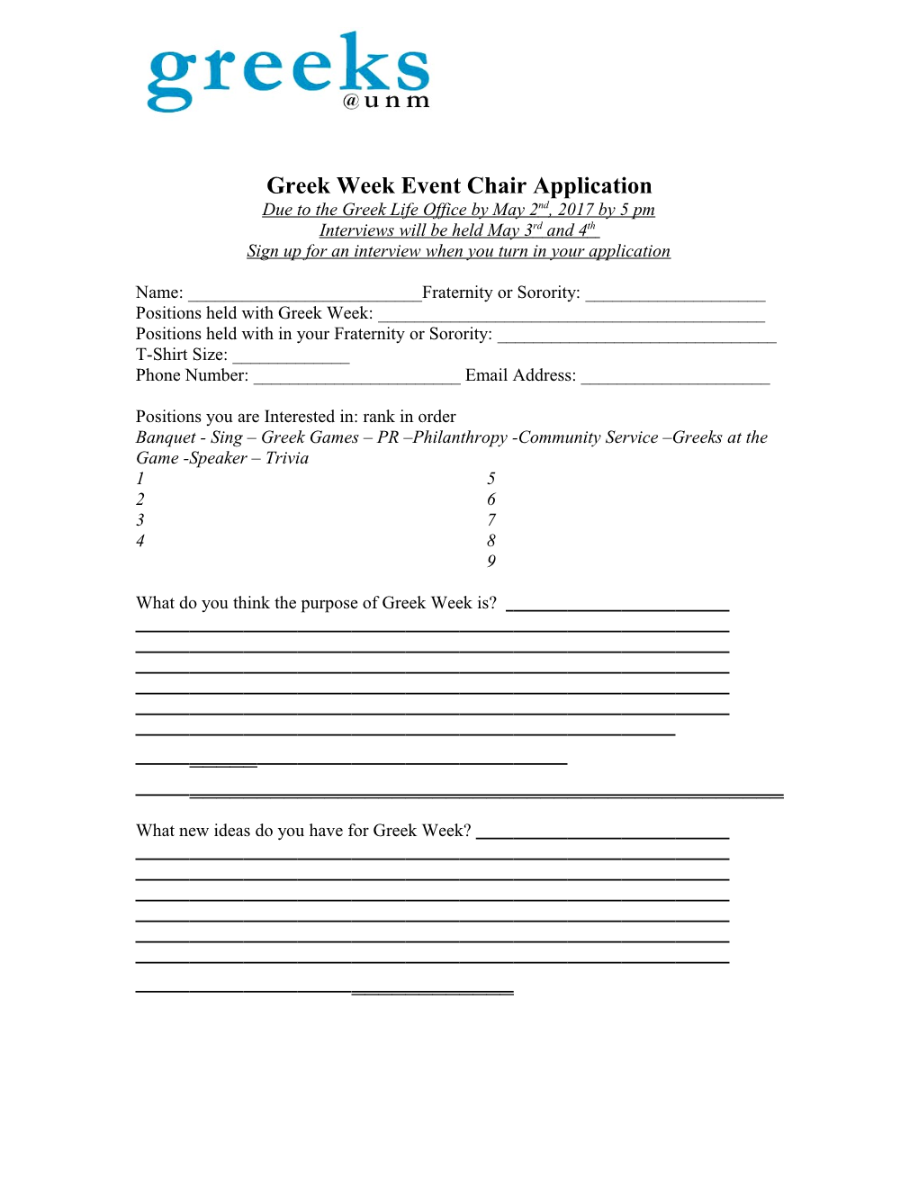 Greek Week Event Chair Application