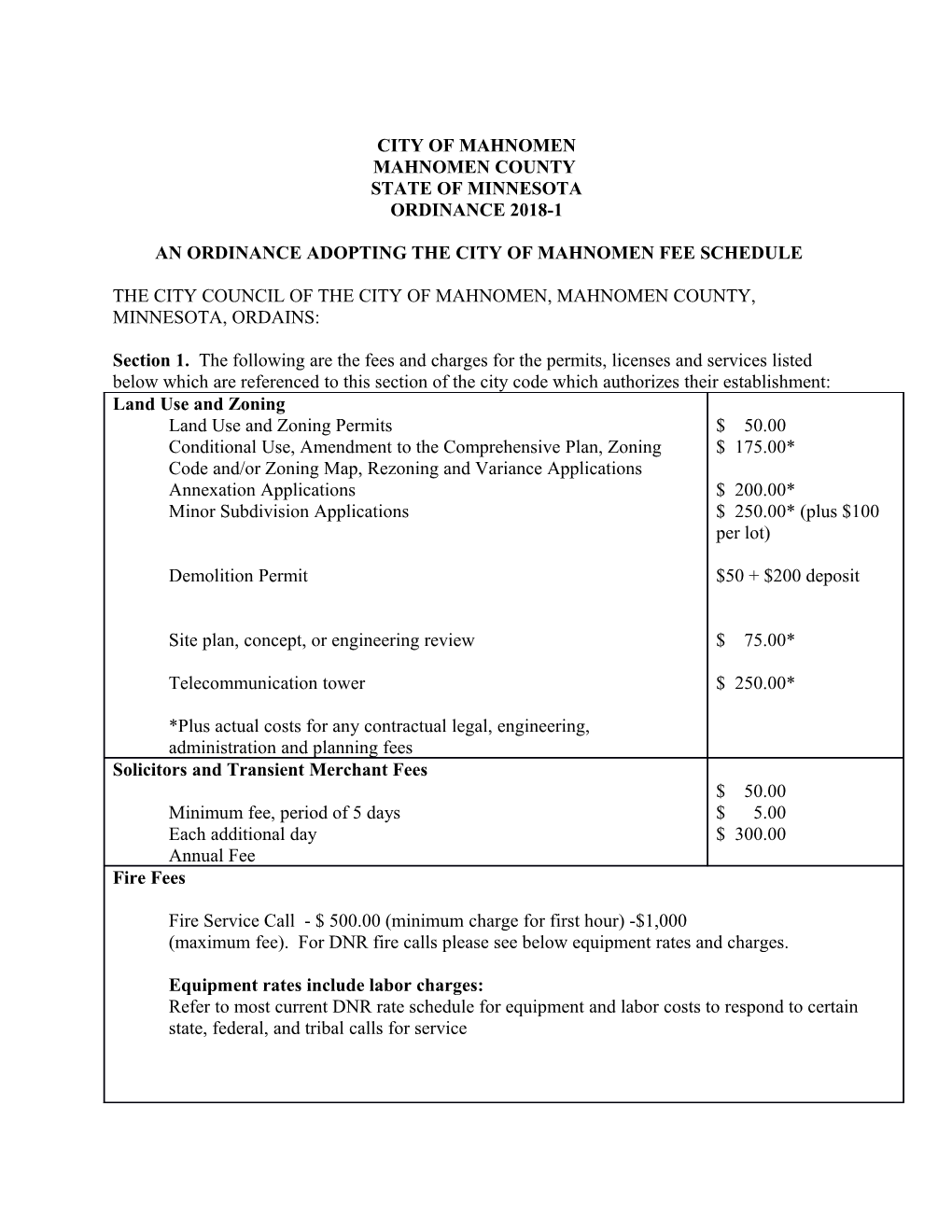 An Ordinance Adopting the City of Mahnomen Fee Schedule