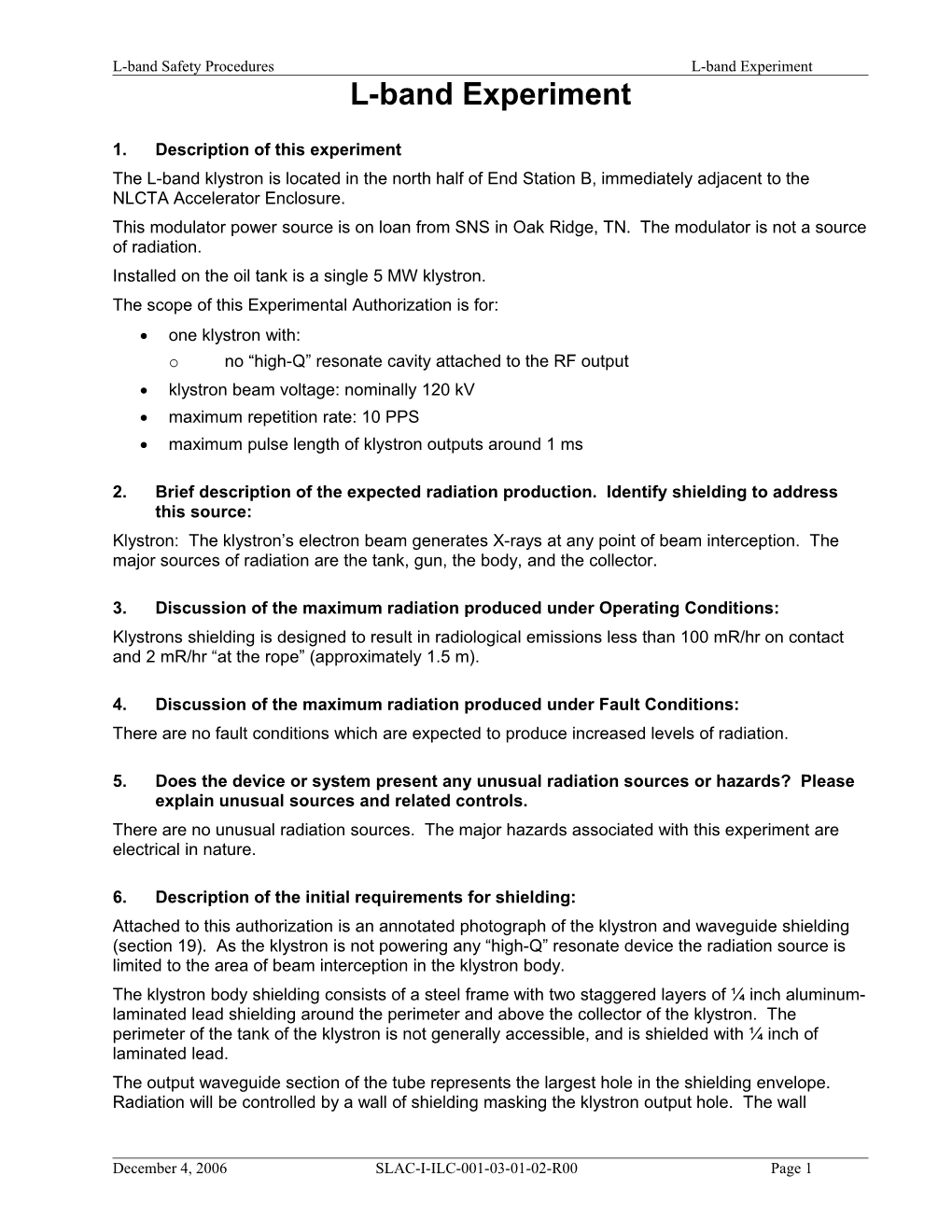 L-Band Safety Procedures L-Band Experiment