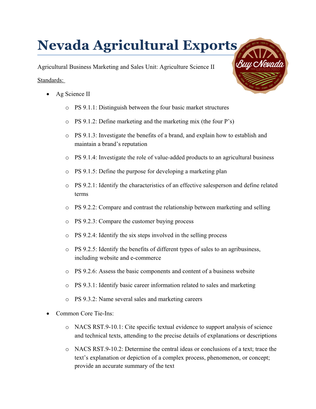 Nevada Agricultural Exports