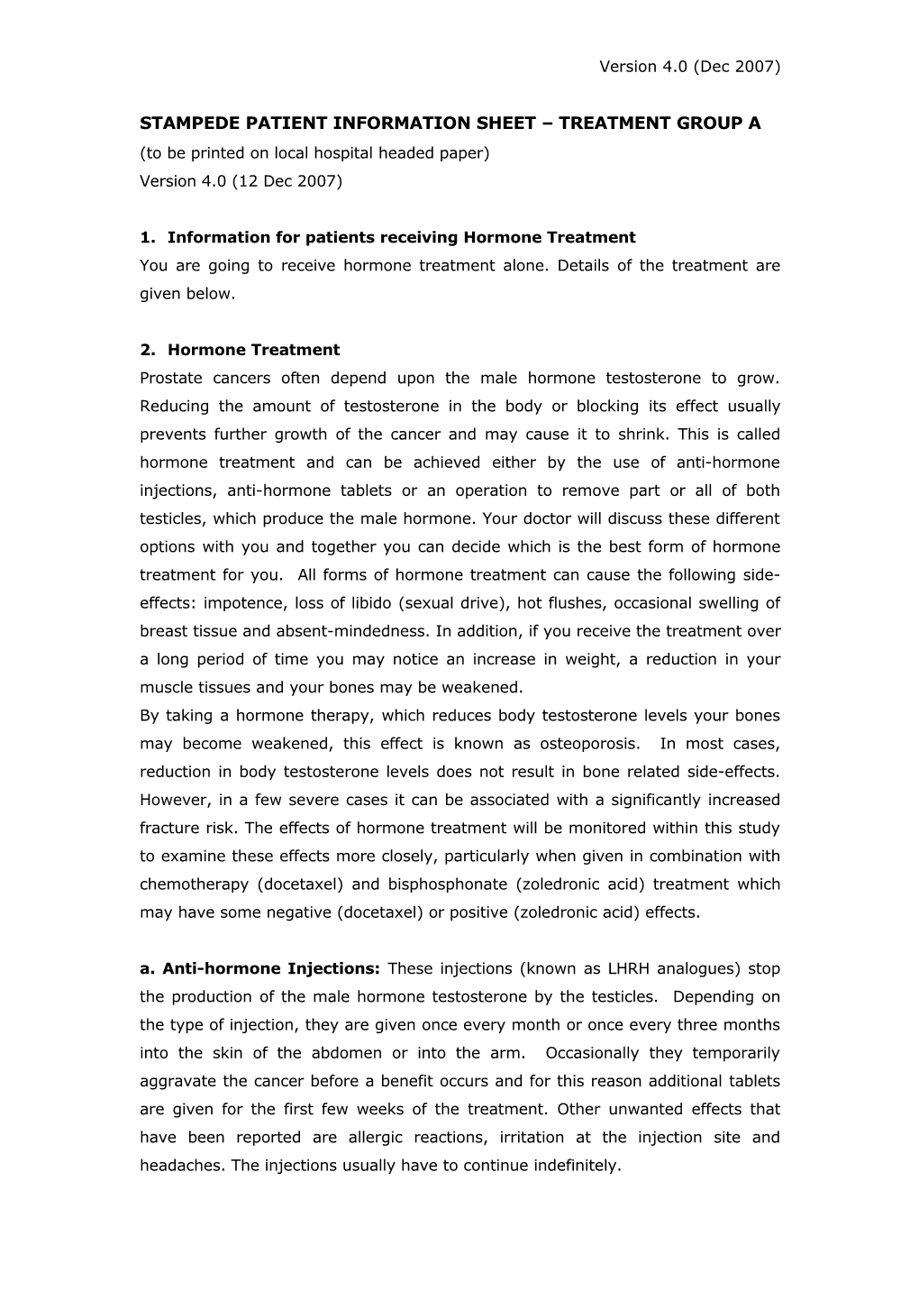 Stampede Patient Information Sheet Treatment Group A