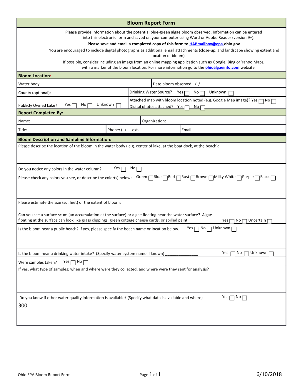 Ohio EPA Bloom Report Form Page 1 of 1 6/27/2014