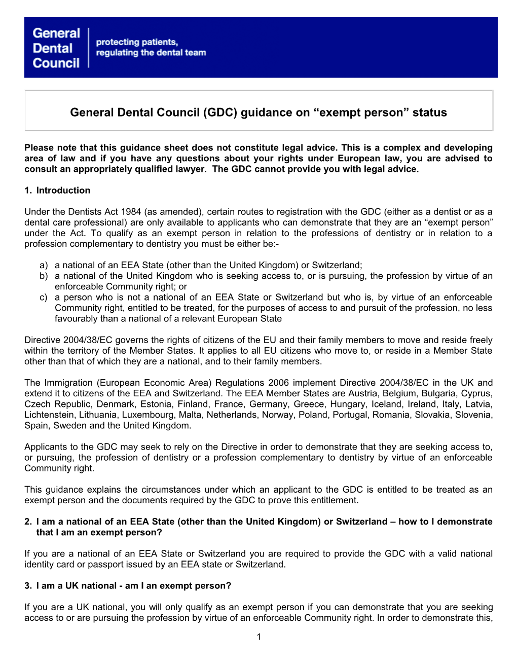 General Dental Council (GDC) Guidance on Exempt Person Status