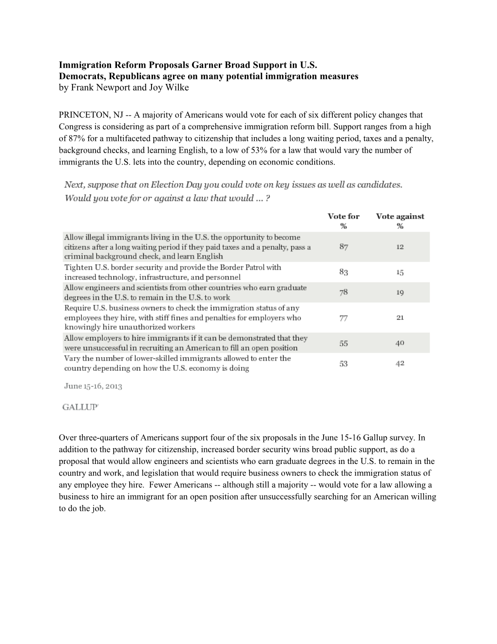 Immigration Reform Proposals Garner Broad Support in U.S