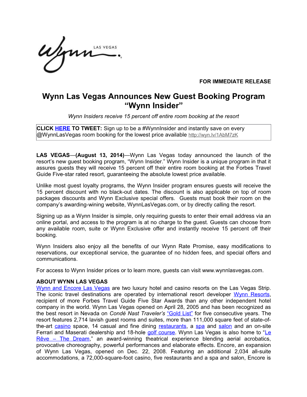 Wynn Las Vegas Announces New Guest Booking Program Wynn Insider