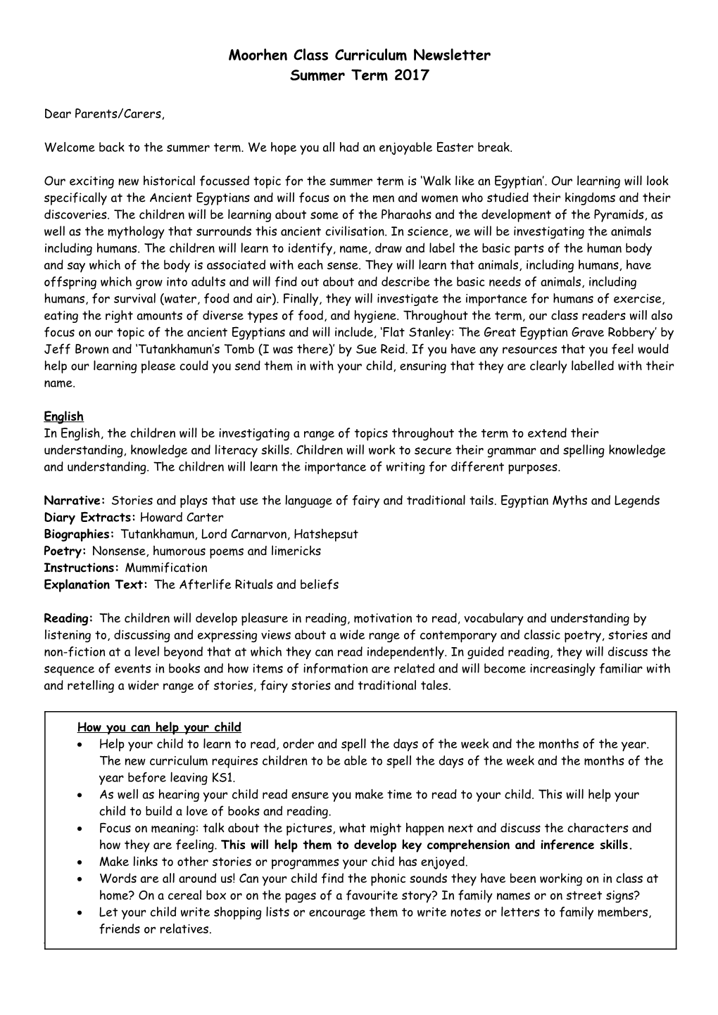 Moorhen Class Curriculum Newsletter