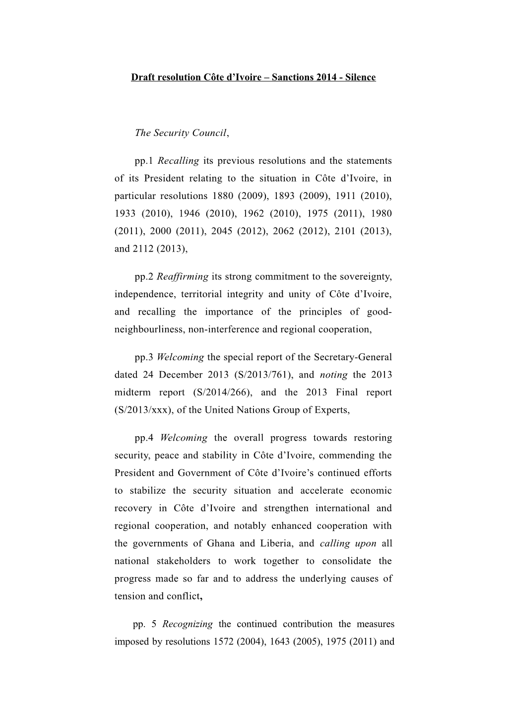 Draftresolution Côte D Ivoire Sanctions 2014 - Silence