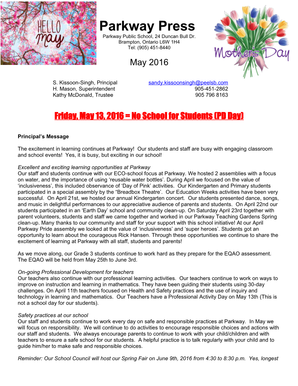 Parkway May School Newsletter