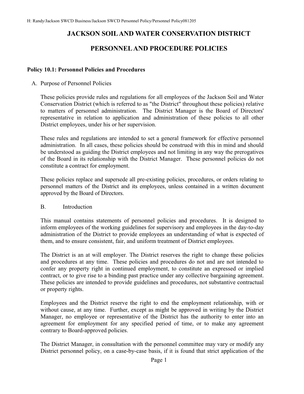 Personnel Policy of Jackson SWCD
