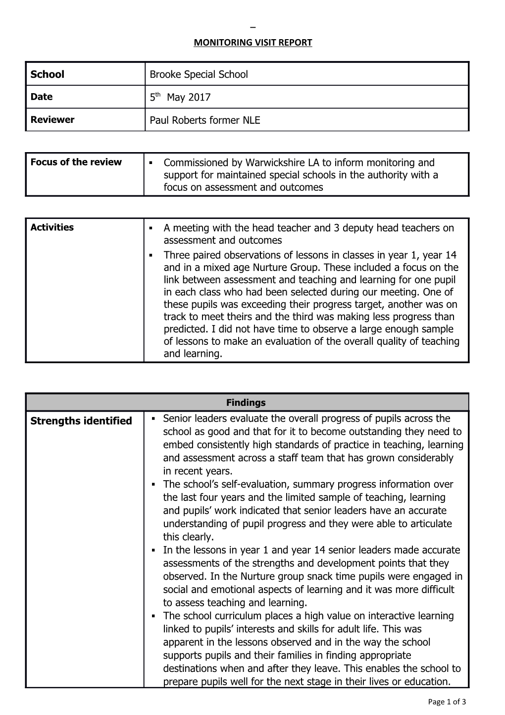 Monitoring Visit Report