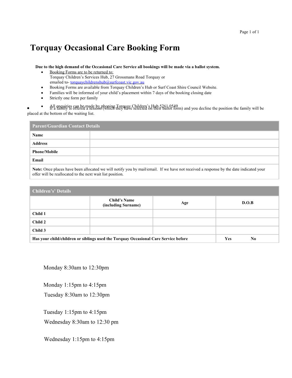 Torquay Occasional Care Booking Form