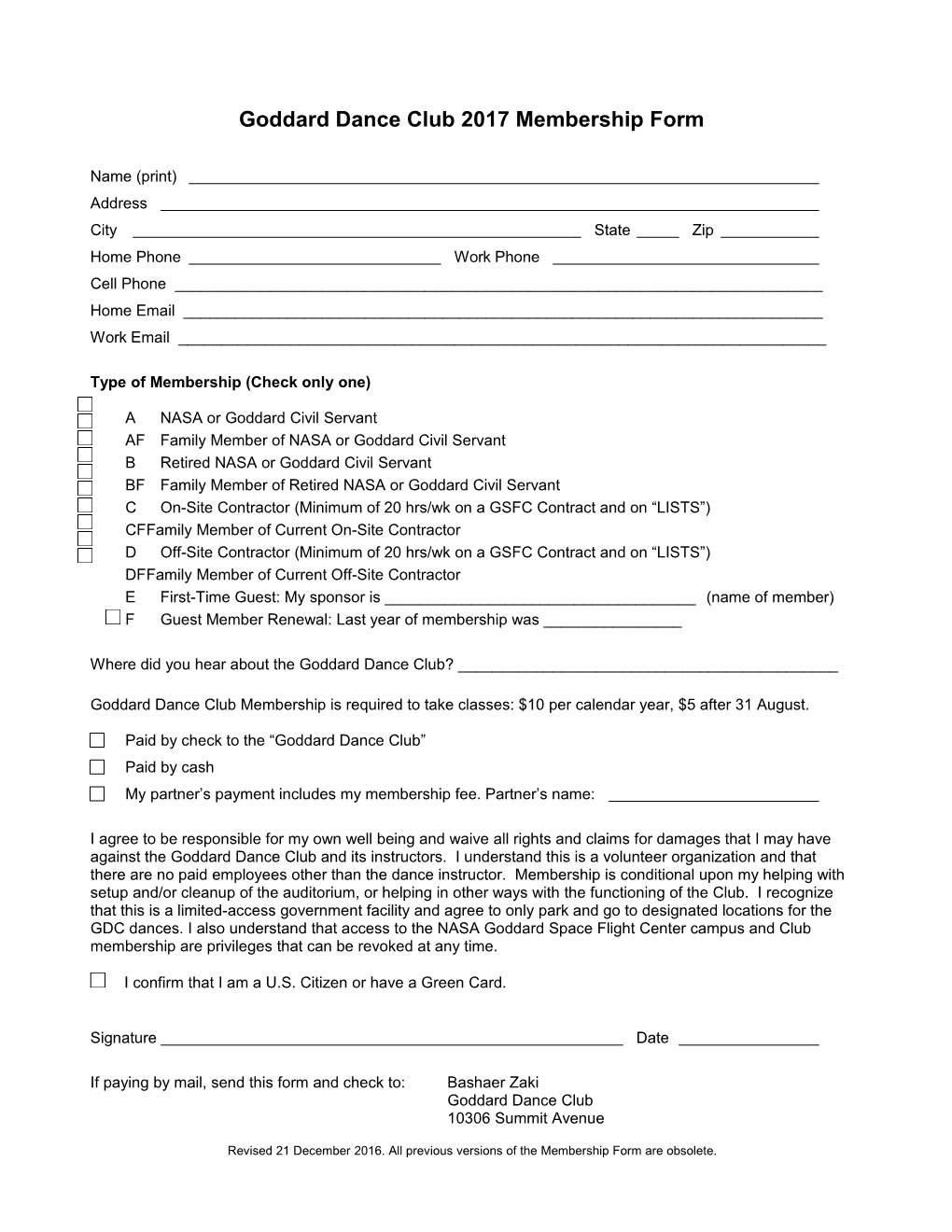 Goddard Dance Club Membership Application
