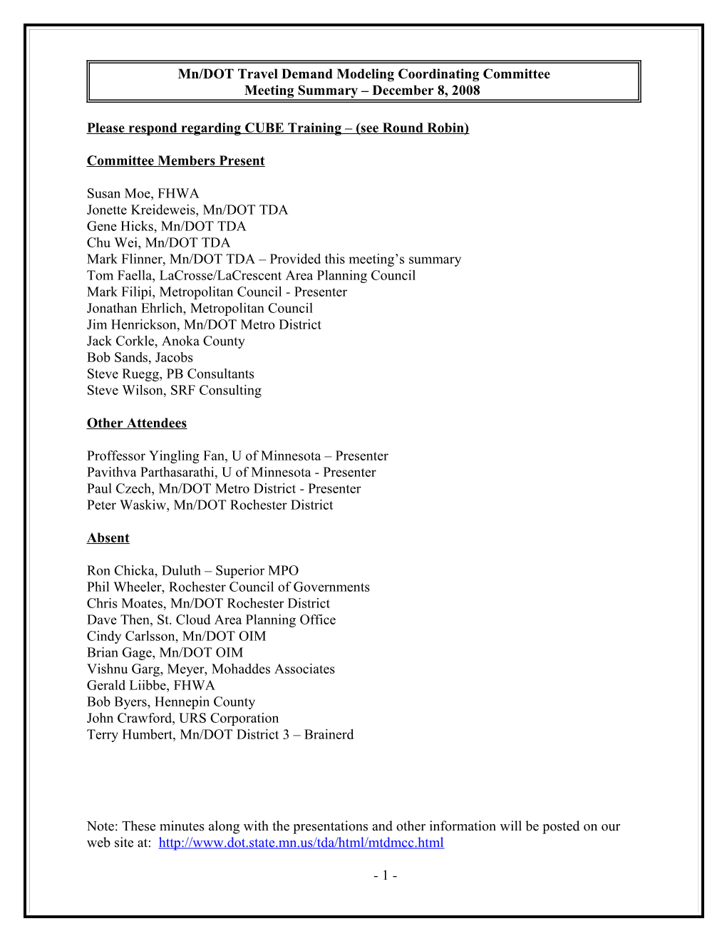 Mn/DOT Travel Demand Modeling Coordinating Committee