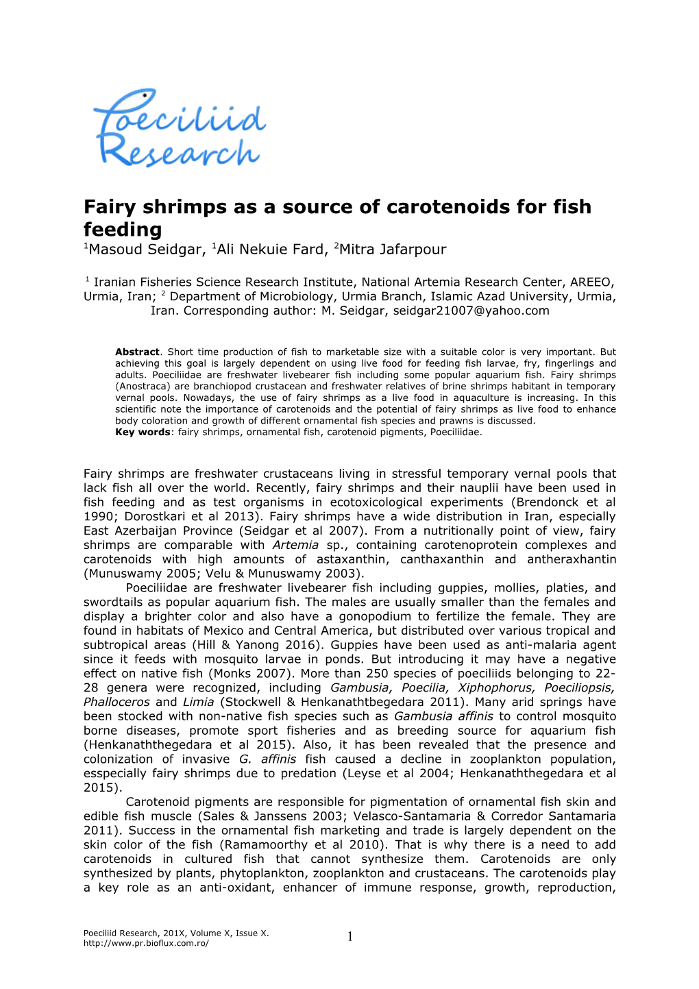 Fairy Shrimps As a Source of Carotenoids for Fish Feeding