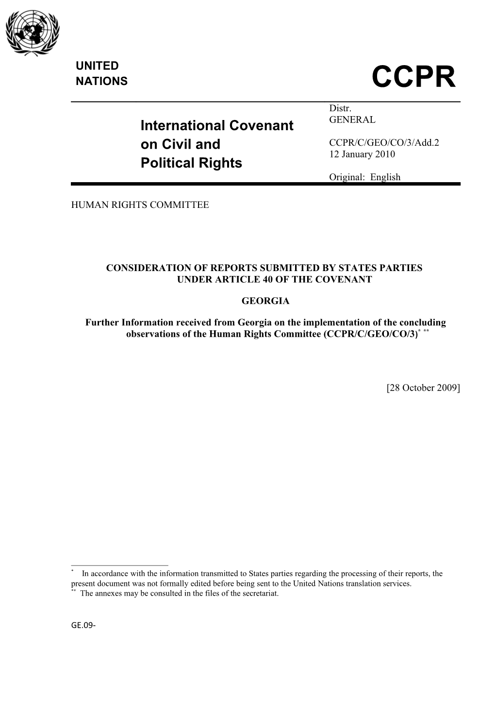 Follow up Information to the United Nations Human Rights Committee by the Government Of