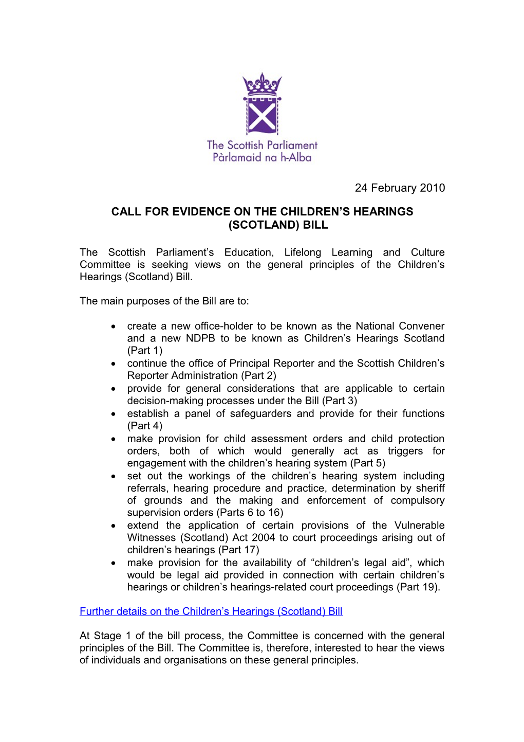 Call for Evidence on the Children S Hearings (Scotland) Bill