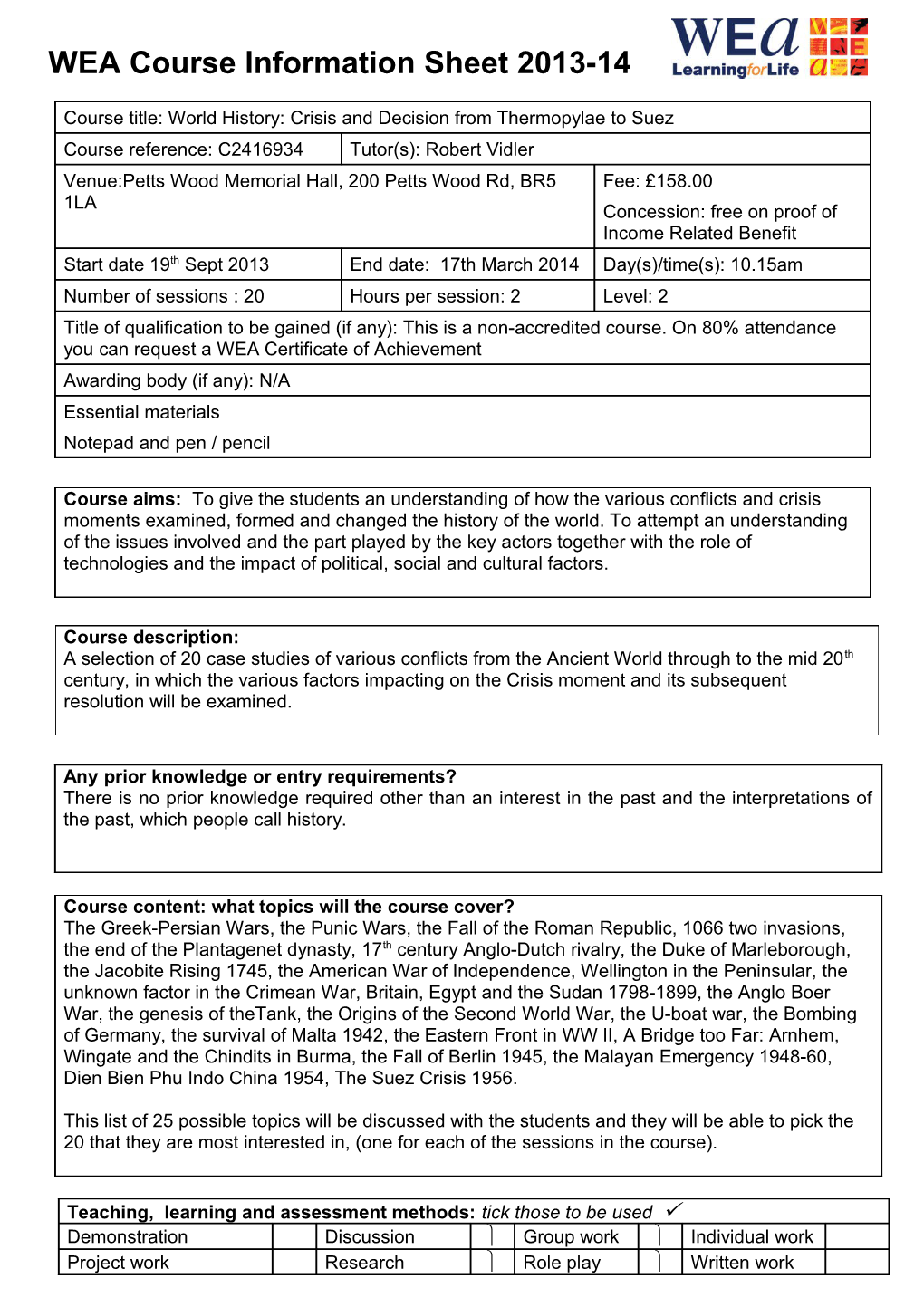 WEA Course Information Sheet 2013-14