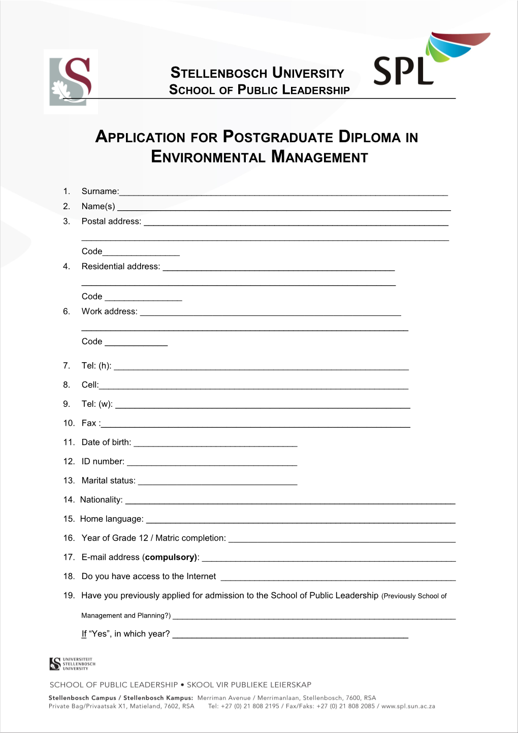 Application for Postgraduate Diploma In