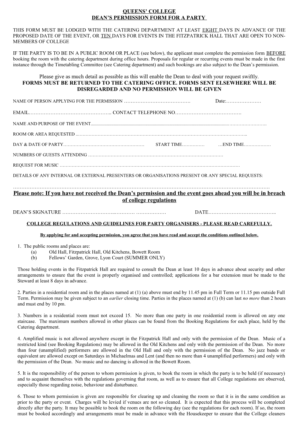 Dean S Permission Form for a Party