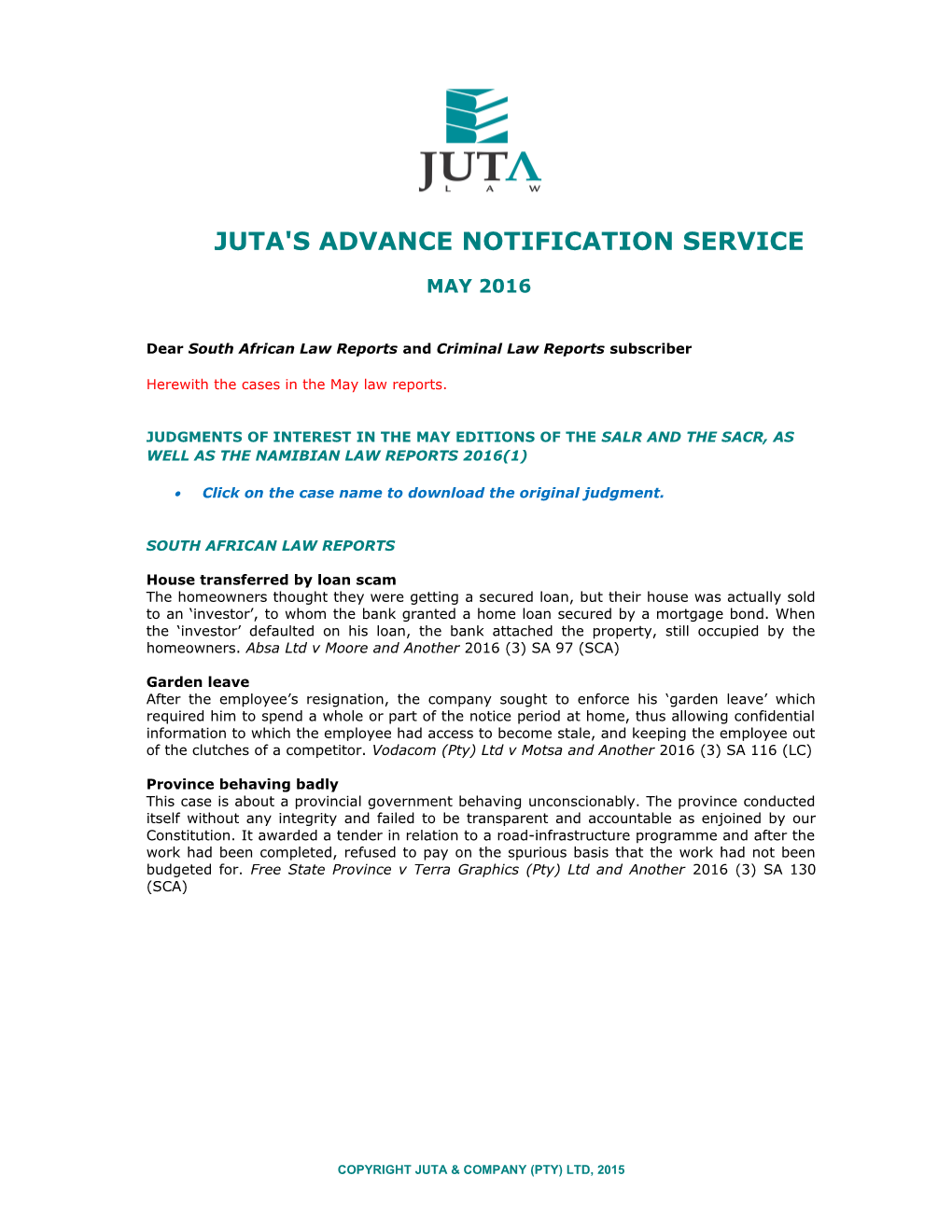 Juta's Advance Notification Service