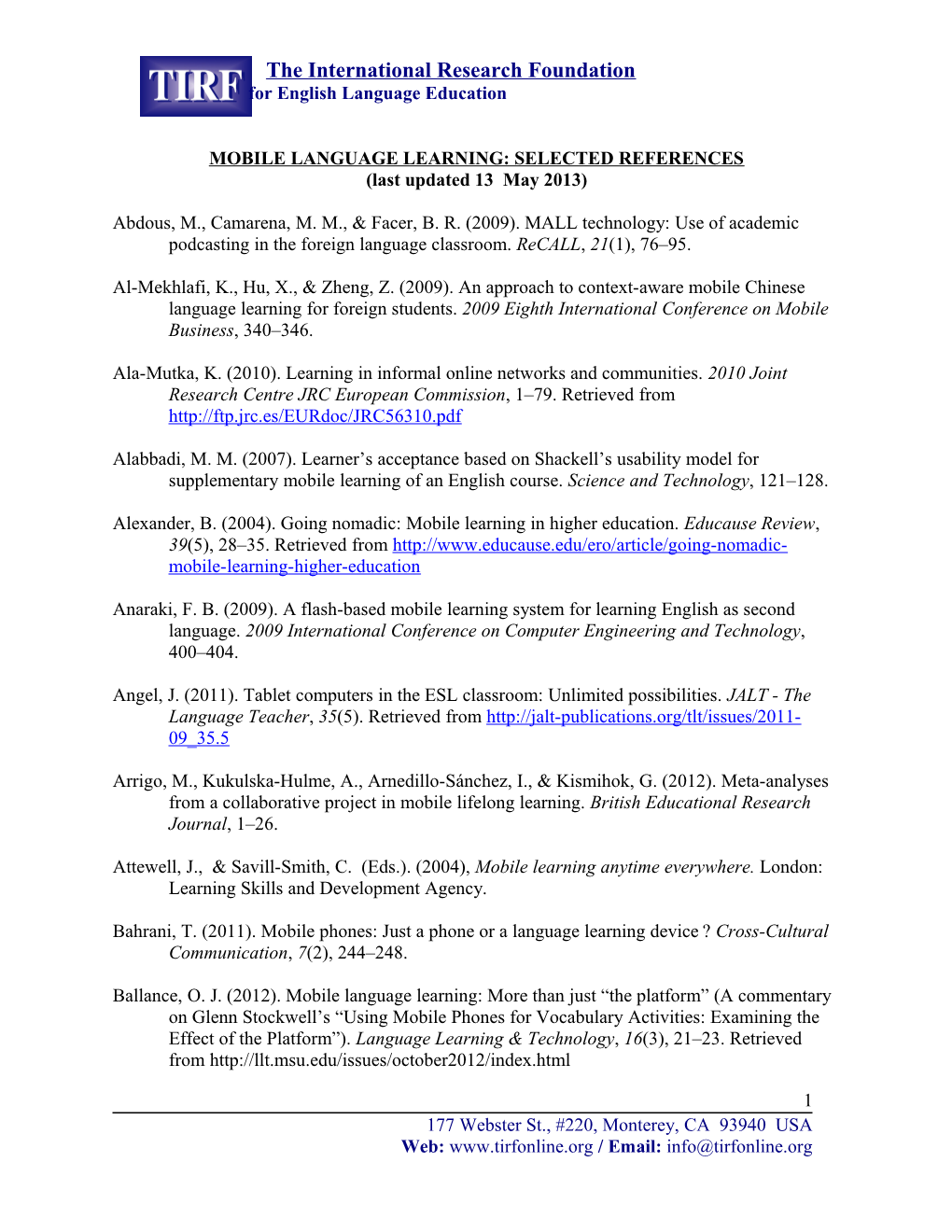 Mobile Language Learning: Selected References