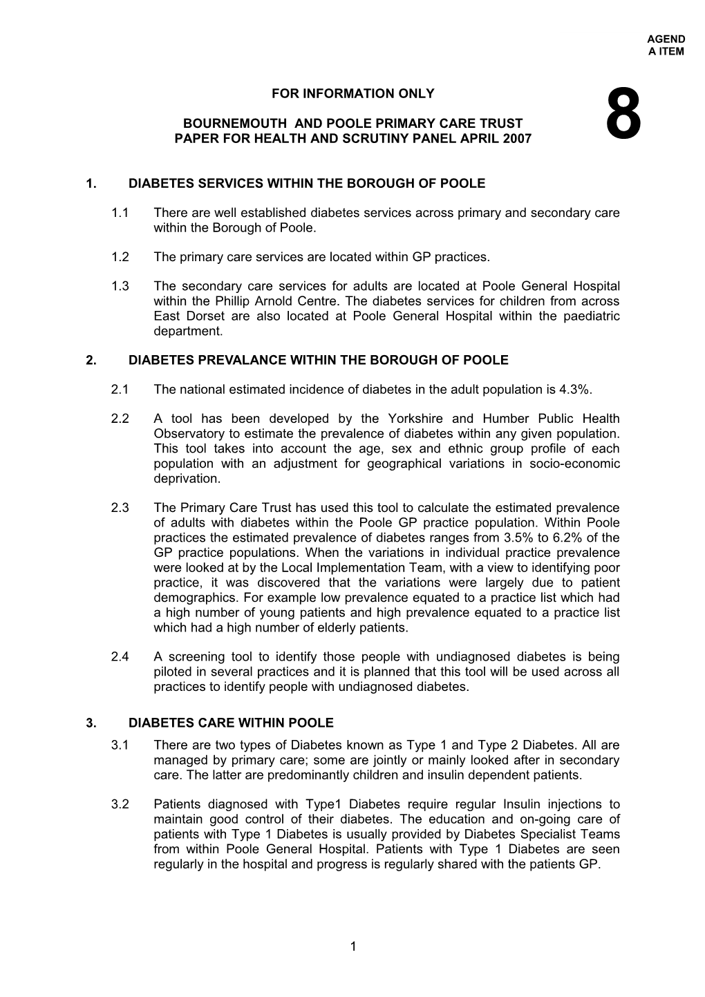 1.	Diabetes Services Within the Borough of Poole