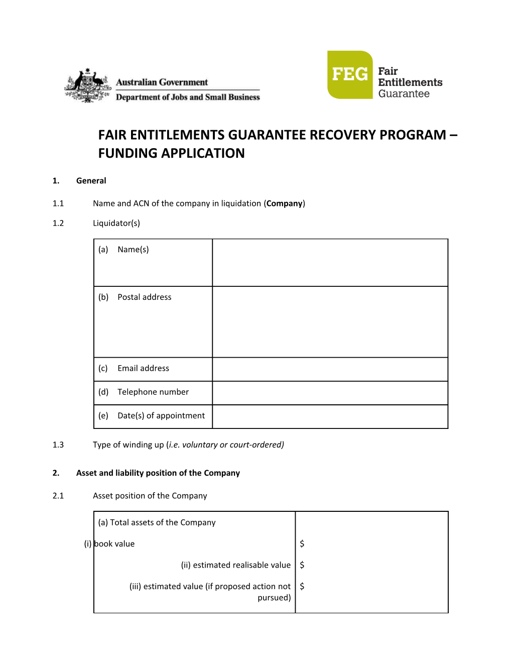 Fair Entitlements Guarantee Recovery Program Funding Application