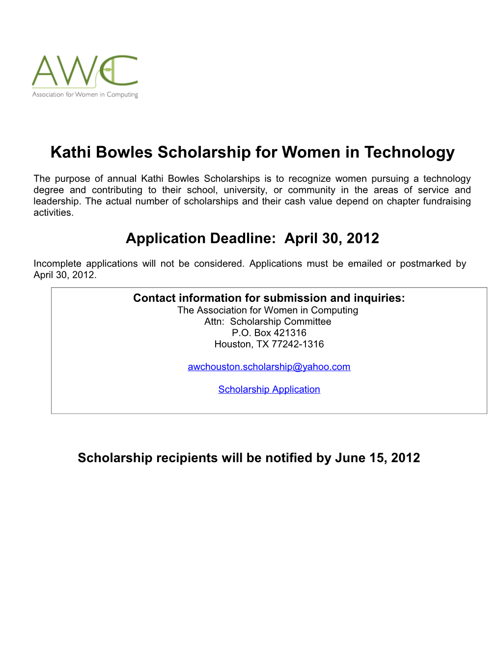 Kathi Bowles Scholarship for Women in Technology