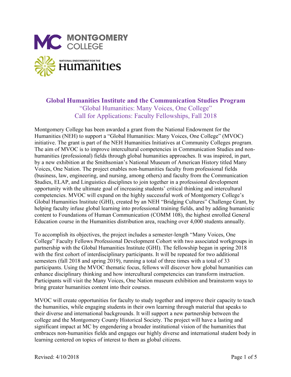 Global Humanities Institute and the Communication Studies Program