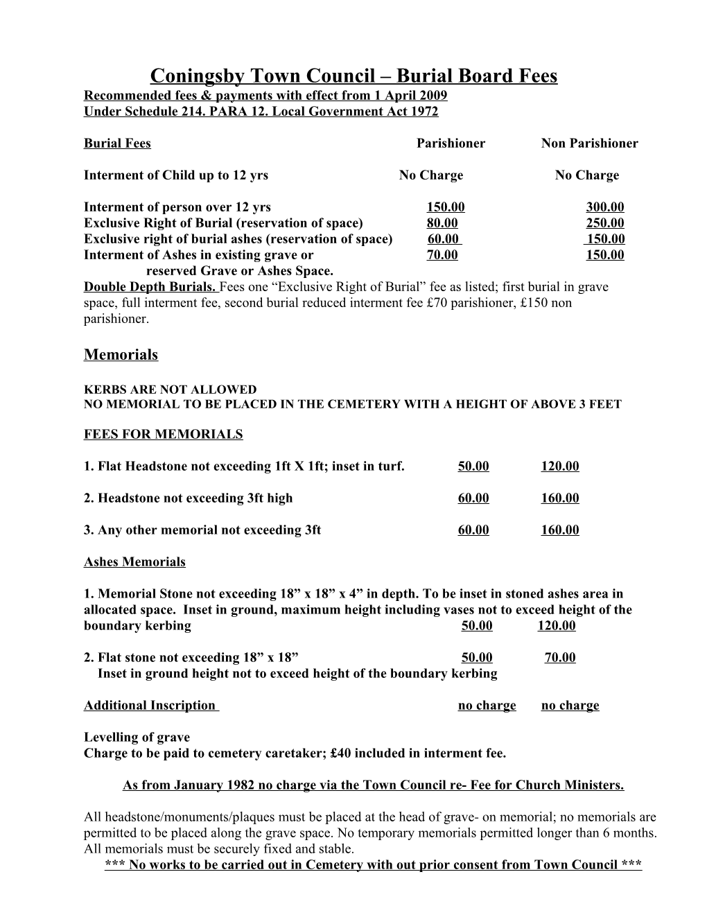 Coningsby Town Council Burial Board Fees