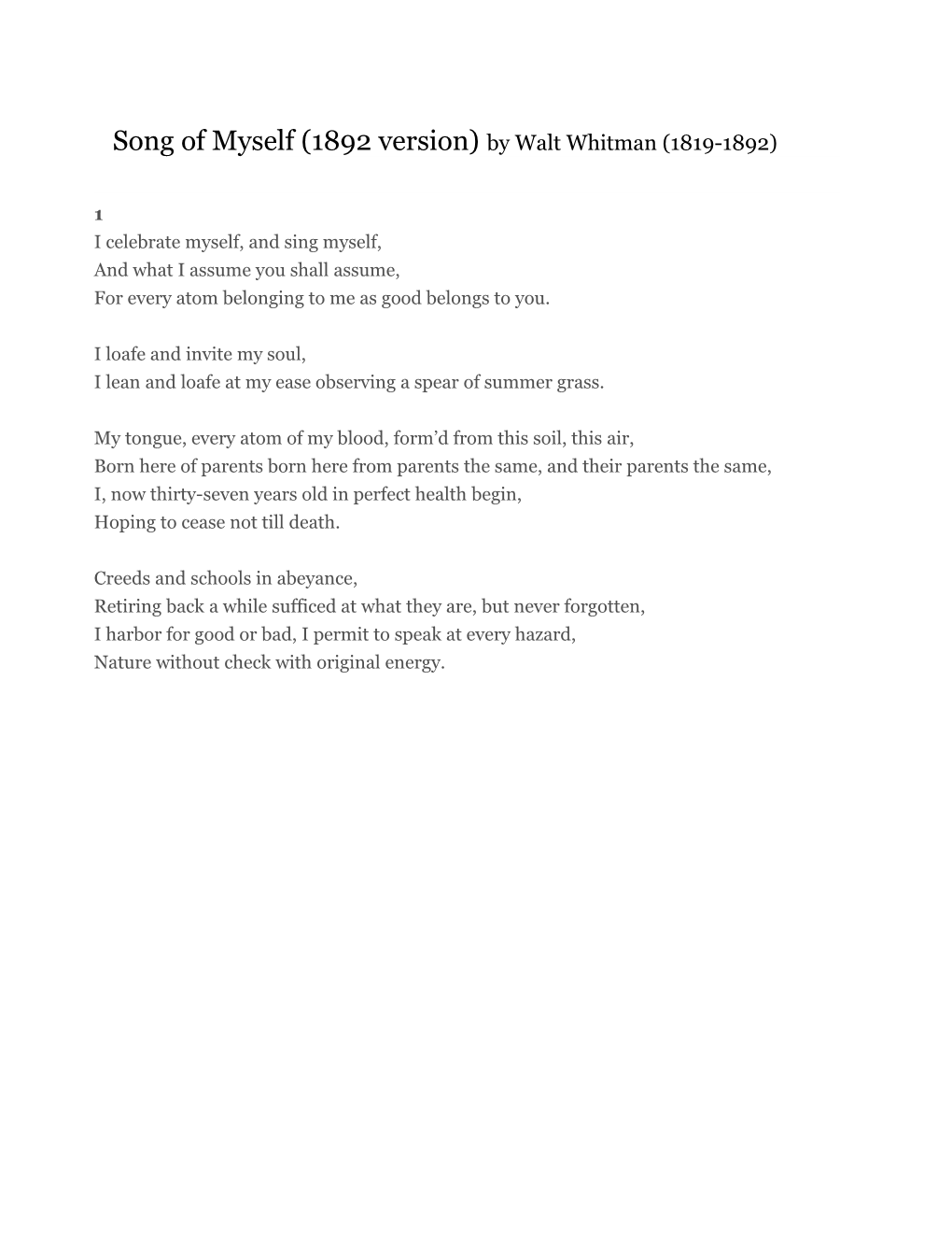 Song of Myself (1892 Version) by Walt Whitman (1819-1892)