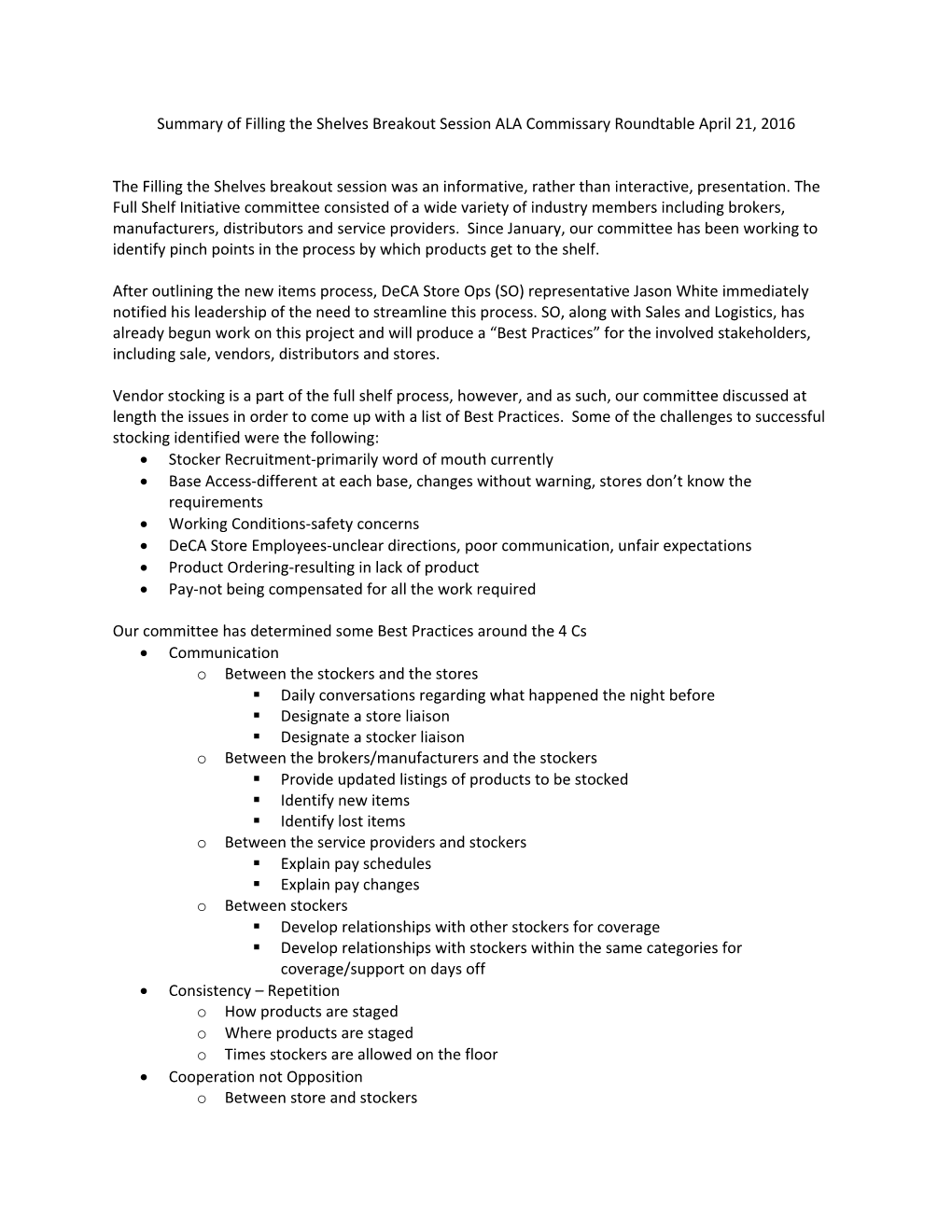 Summary of Filling the Shelves Breakout Session ALA Commissary Roundtable April 21, 2016