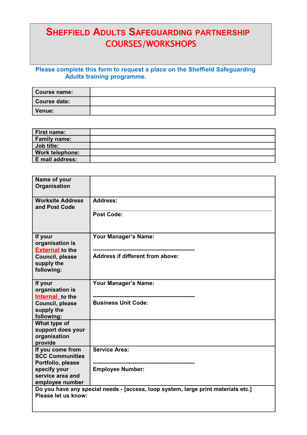 Please Complete This Form to Request a Place on the Sheffield Safeguarding Adultstraining