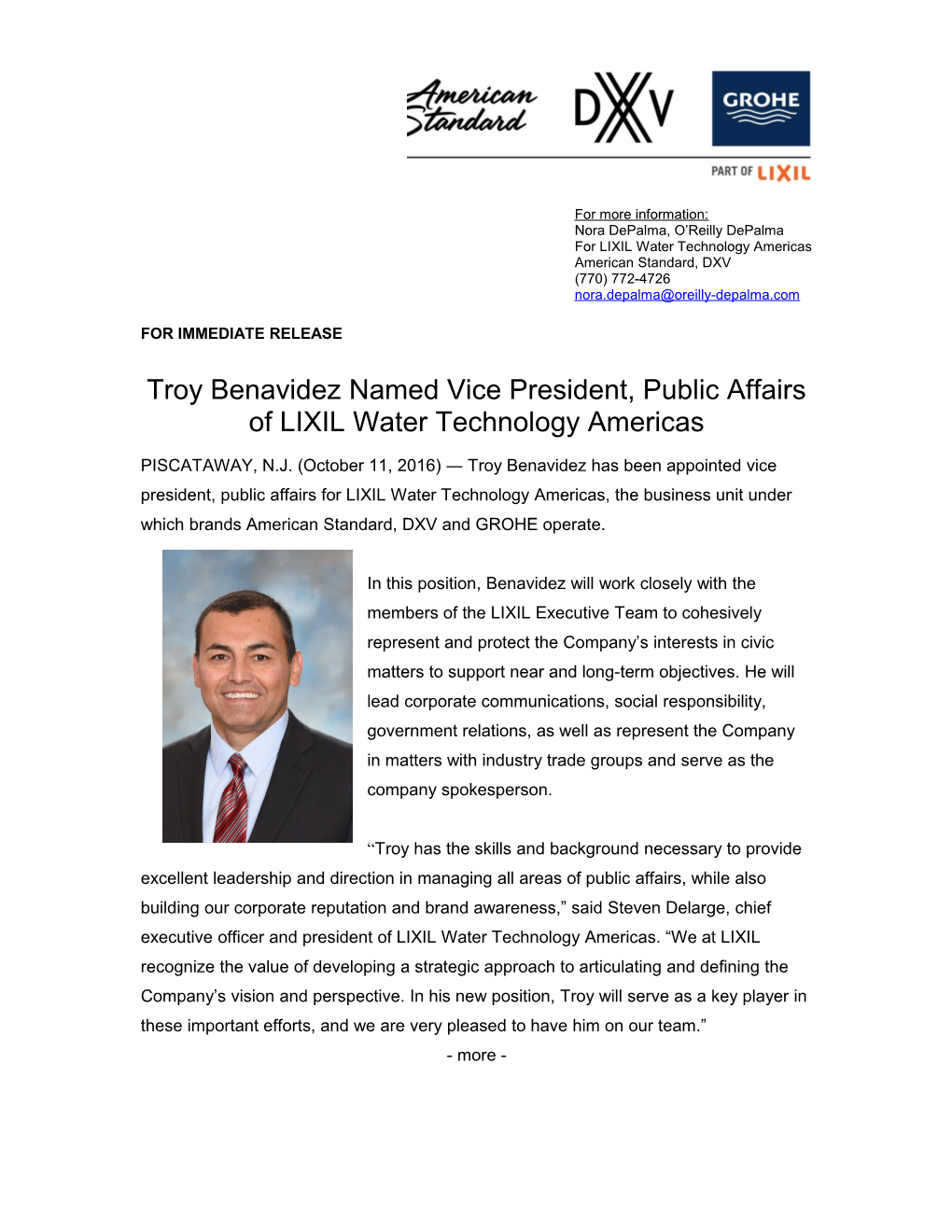 Troy Benavidez Named Vice President, Public Affairs of LIXIL Water Technology Americas 2-2-2