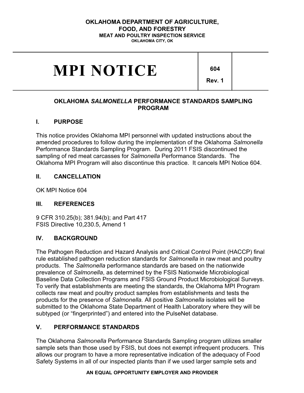 Oklahoma Salmonella Performance Standards Sampling Program