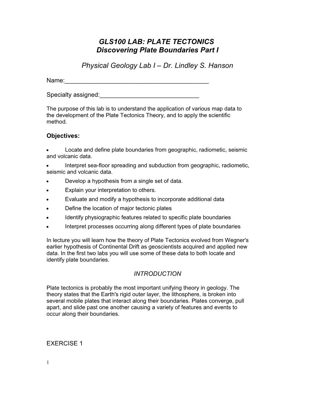 GLS100 LAB: PLATE TECTONICS Discovering Plate Boundaries Part I