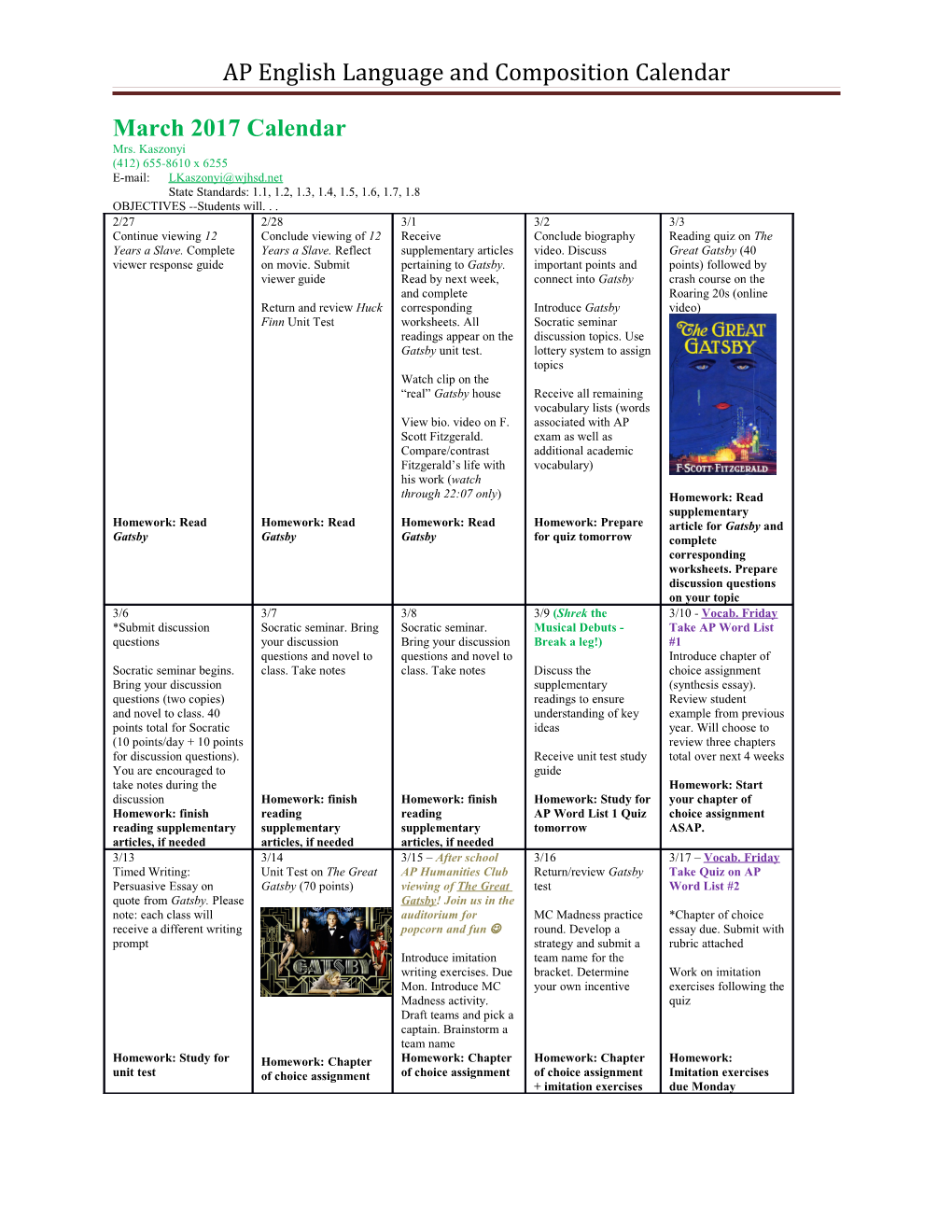 AP English Language and Composition Calendar
