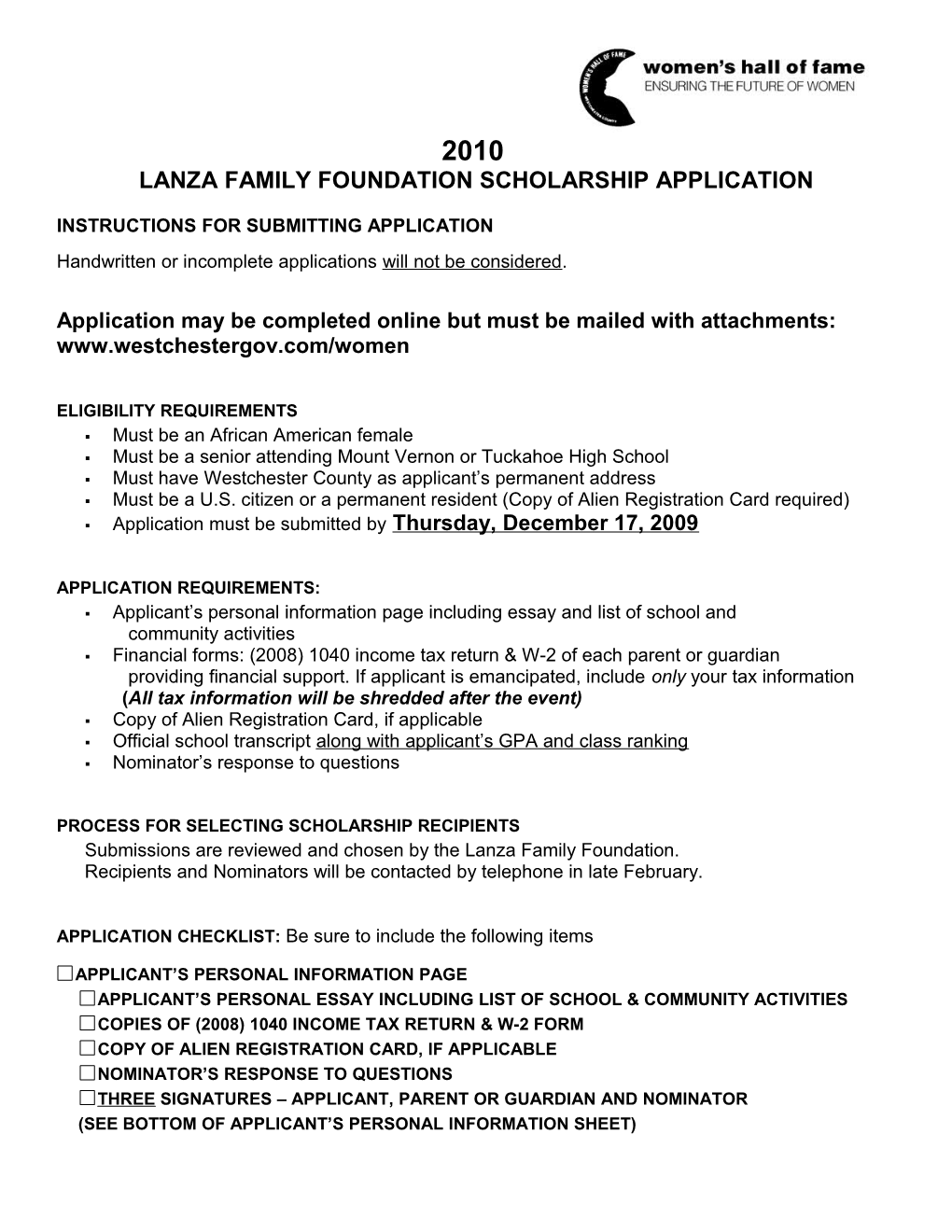 2005 Women S Hall of Fame Scholarship Application
