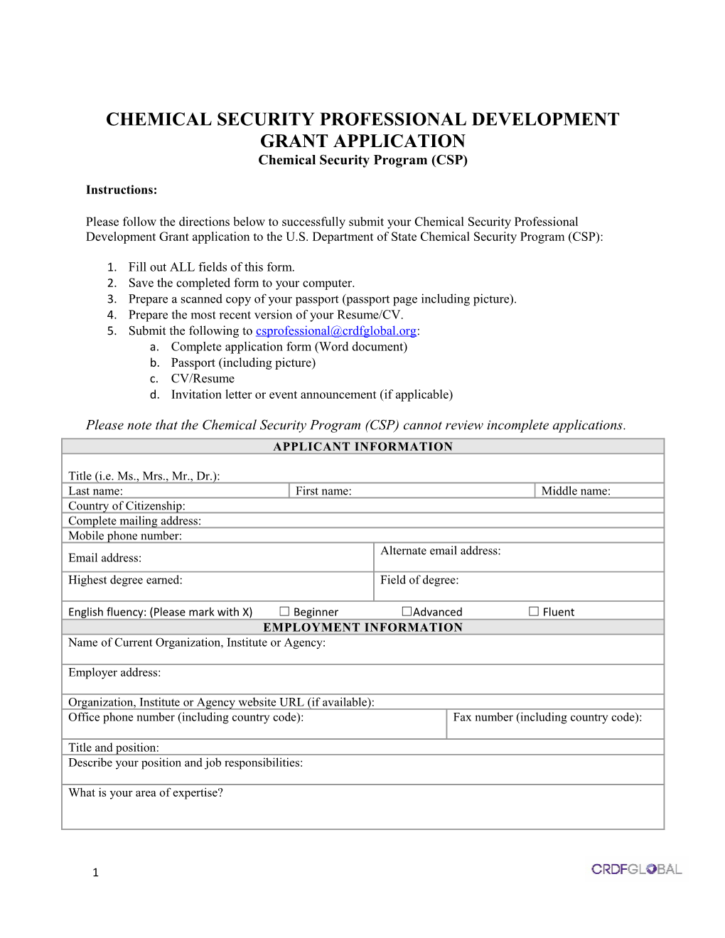 Chemical Security Professional Development Grant Application