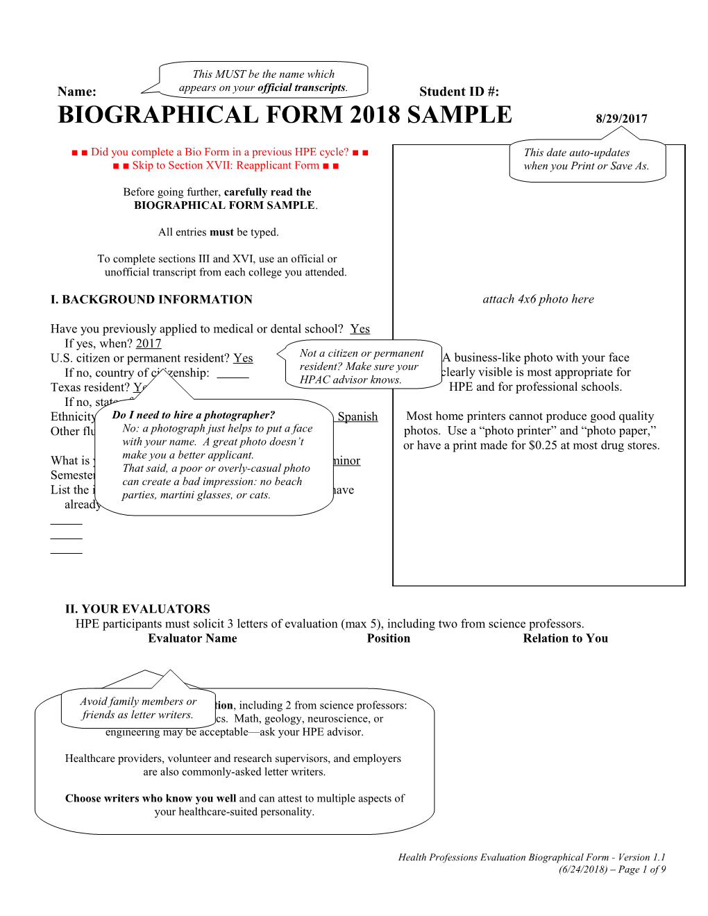 Health Professions Evaluation (Hpe) Biographic Data s1